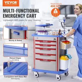 5 Tiers Lab Carts Mobile Medical Cart with 5 Drawers & 2 Trash Cans Blue