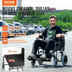 Wheelchair Steel Transport Chair Foldable Wheelchair 24-In W Seat 300lbs
