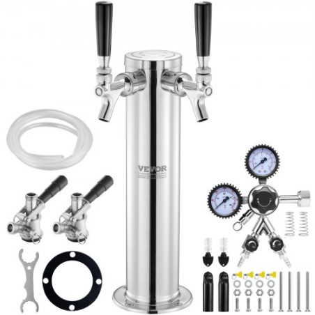 Kegerator Tower Kit, dobbelthaner ølkonverteringskit, rustfrit stål tønde øltårn dispenser med dobbeltmåler W21.8 regulator &