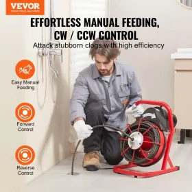 Drain Cleaner Machine Drain Auger 75FT x 1/2 Inch Manual Feed & 4 Cutters