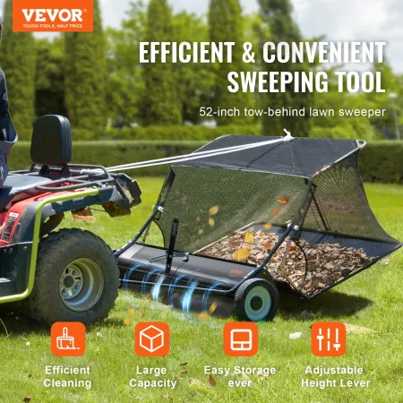 52-inch Lawn Sweeper Tow Behind, 26 cu.ft. Large Pull Behind Grass Sweeper, Heavy Duty Leaf & Grass Collector with Dumping Rope 