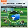 Dog Agility Training Equipment, 5 PCS Set with Adjustable High Hurdles,6 Weave Poles, Tunnel, Jump Ring, Pause Box, Whistle, Fol