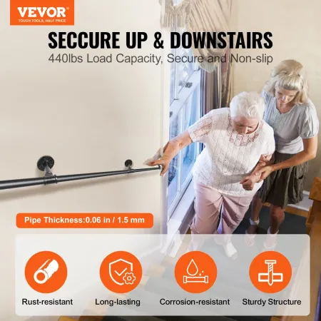 Pipe Stair Handrail, 396.2 cm Staircase Handrail, 199.6 kg Load Capacity Carbon Steel Pipe Handrail, Industrial Pipe Handrail wi