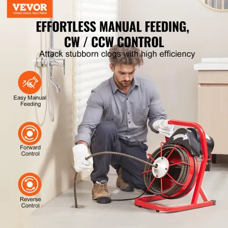 Drain Cleaner Machine 50FT x 1/2 Inch, Sewer Snake Auger Manual Feed, 250W Electric Drain Cleaning Machine with 4 Cutters & Air-