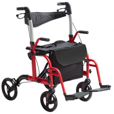2 I 1 Rollator Walker & Transport Chair For Seniors, Folding Rolling Walker Wheelchair Combo & Footrests, Lightweight Aluminium