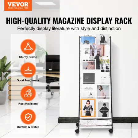 Brochure Display Rack, 6-Tier Magazine Literature Display Stand, Floor Standing Magazine Rack Newspaper Catalog Holders, Movable