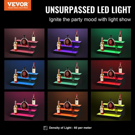 LED Lighted Liquor Bottle Display, 3 Tiers 16 Inch Commercial Illuminated Home Bar Shelf, 3 Steps Whiskey Rack Stand, Acrylic Dr