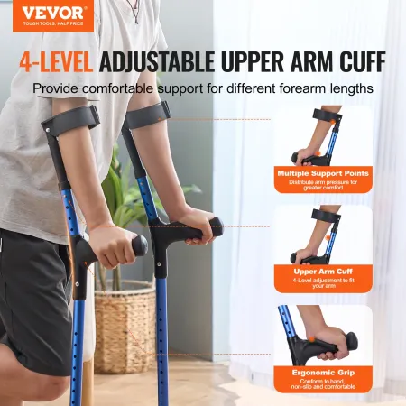 Forearm Crutches for Adults, 11-Level Height Adjustable Walking Crutches with 4-Level Upper Cuff, Lightweight Aluminum Medical S