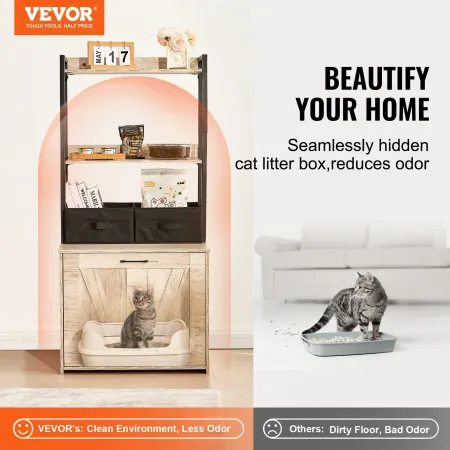 Cat Litter Box Enclosure, Hidden Litter Box Furniture with 2 Storage Shelves & 2 Baskets, Wooden Cat Washroom Indoor, Cat House 