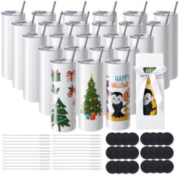24 Pack Straight Sublimation Tumblers, 591.5 ml Blank Tumbler Bulk, Stainless Steel Double Wall Tumbler Cups with Straw, Lid,
