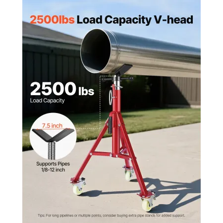 Pipe Stand, Pipe Jack Stand, V Head Pipe Stand Adjustable Height 71.12-132.08 cm, Pipe Jack Stands with Casters, Folding Portabl