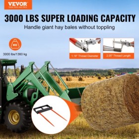 49" Hay Spear, Bale Spears 3000lbs Loading Capacity, Skid Steer Loader Tractor Bucket Attachment with 2pcs 17.5" Stabilizer