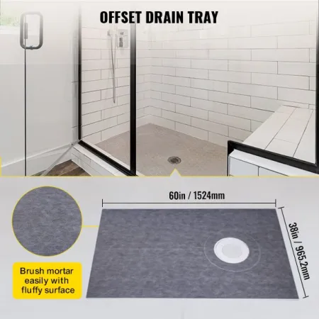 Shower Curb Kit, 38\"x60\"" Watertight Shower Curb Overlay with 4\"" ABS Offset Bonding Flange, 4\"" Stainless Steel Grate, 2 Cu