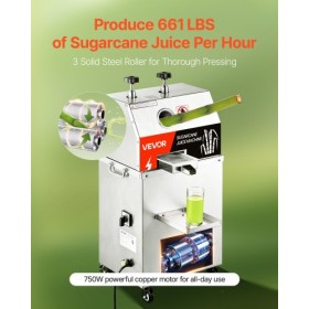 750W Electric Sugar Cane Juicer 661lbs/H Output 3 Roller 2,4 "Stor indløb