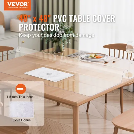 Plastic Table Cover, 48 x 48 Inch 1.5 mm Thick Clear Table Protector, Square PVC Desk Mat, Waterproof & Easy Cleaning Desk Pad T