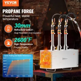 Portable Propane Forge, 3 Burner Farrier Forge, 2600℉ Tool and Knife Making Blacksmithing Gas Forge, Large Capacity Square Stain