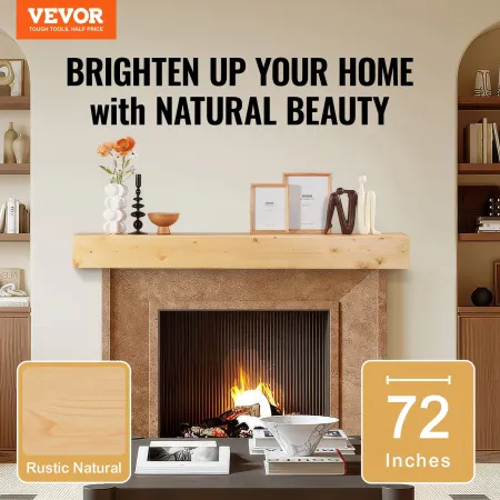 Fireplace Mantel, 72" x 8" x 5", 50 lbs Weight Capacity, Natural Wood Mantel for Over Fireplace, Wall Mounted Floating Farmhouse