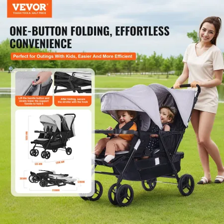 Double Stroller, Foldable Lightweight Twin Stroller with Tandem Seating, Adjustable Backrest/Footrest, Wrap-Around Safety Harnes