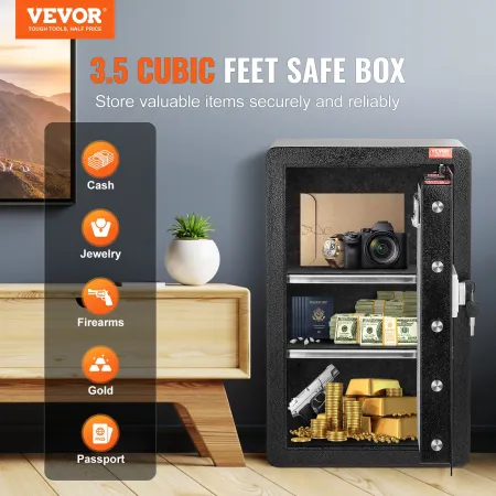 Single Door 99 L Safe Box with Key Lock & Password, Safe Lock Box with Fireproof Bag, Key Rack, LED Light, and 2 Shelves for Mon