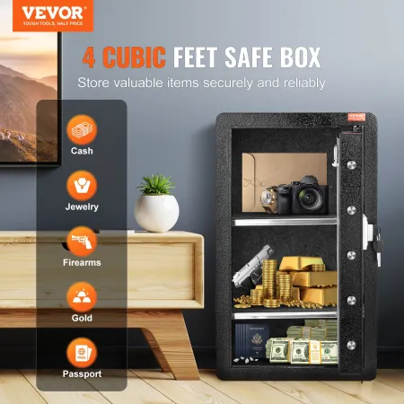 Single Door 113 L Safe Box with Key Lock, Password & Fingerprint, Safe Lock Box with Fireproof Bag, Key Rack, LED Light, and 2 S
