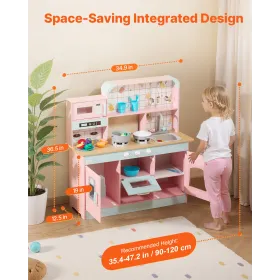 Play Kitchen for Kids, Wooden Toy Kitchen Set with Lights and Sounds, Toddler Kitchen with Ice Maker, Oven, Sink, Microwaves, Fr