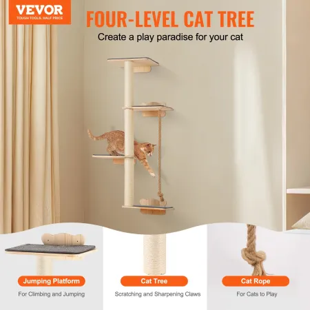 4 Tiers Tall Cat Tree, Cat Wall Furniture Set with 4 Jumping Boards, Wall-Mounted Cat Floating Shelf up to 40 lbs, 12 mm Pine Wo