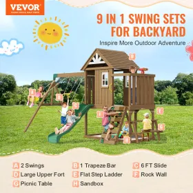 Wooden Swing Set 9 IN 1 Outdoor Playground Sets 6 FT Slide Upper Fort