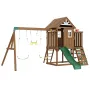 Wooden Swing Set, 9 IN 1 Outdoor Playground Sets for Backyards, 2 Swings, Trapeze Bar, 6 FT Slide, Large Upper Fort with Kitchen