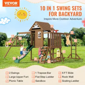 Wooden Swing Set 10 IN 1 Outdoor Playground Sets 6 FT Slide Upper Fort