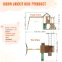 Wooden Swing Set, 10 IN 1 Playground Sets for Backyards, 2 Swings, Trapeze Bar, 6FT Slide, Large Upper Fort with Kitchen Toys, F