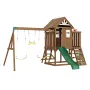 Wooden Swing Set, 10 IN 1 Playground Sets for Backyards, 2 Swings, Trapeze Bar, 6FT Slide, Large Upper Fort with Kitchen Toys, F