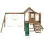 Wooden Swing Set, 10 IN 1 Playground Sets for Backyards, 2 Swings, Trapeze Bar, 6FT Slide, Large Upper Fort with Kitchen Toys, F