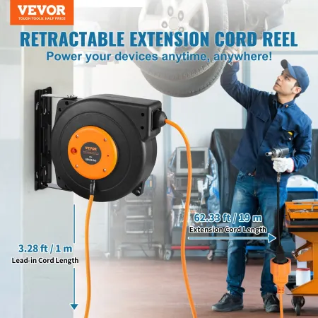 Retractable Extension Cord Reel, 62.33 ft/19 m, 1000W Heavy Duty Retractable Power Cord with 3.28 ft/1 m Lead-in Cord Overheat P