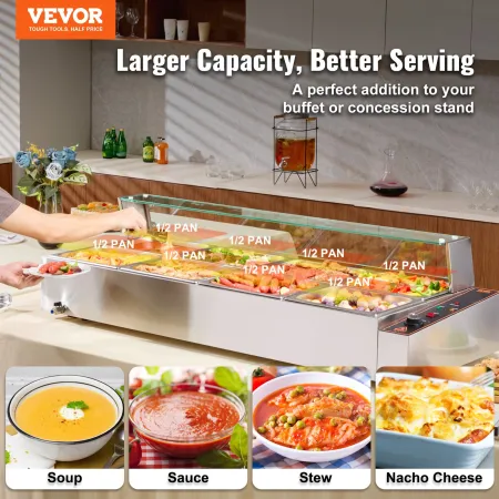 8-Pan Commercial Food Warmer, 8 x 8QT Electric Steam Table with Glass Cover, 1700W Countertop Stainless Steel Buffet Bain Marie 