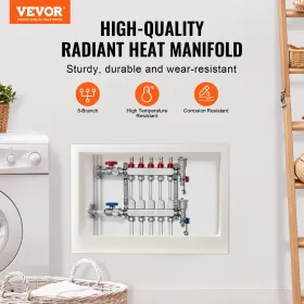 5-Branch Radiant Heat Manifold 1/2 "PEX-rørgulvopvarmningsmanifoldsæt