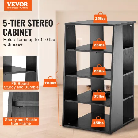 5-Tier AV Media Stand, Wooden Audio-Video Media Stand for DVD Players/Cable Boxes/Games Consoles, Height-Adjustable Media Storag