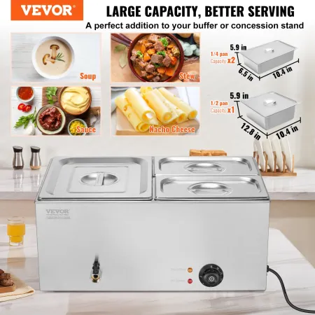 Commercial Food Warmer, 3-Pan Electric Steam Table, 1200W Professional Countertop Stainless Steel Buffet Bain Marie with 30-85°C