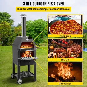 Outdoor Pizza Oven, 12" Wood Fire Oven, 2-Layer Pizza Oven Wood Fired, Wood Burning Outdoor Pizza Oven w/ 2 Removable Wheels,
