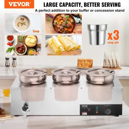 Electric Soup Warmer, Three 7.4QT Stainless Steel Round Pot, 1200W Commercial Food Warmer, 86~185°F Adjustable Temp, Bain Marie 