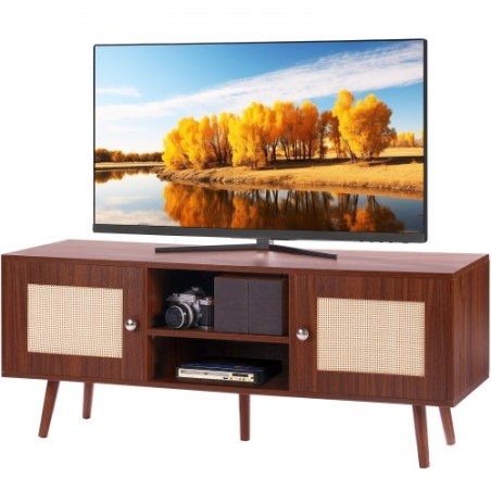 Rattan TV Stand, Boho TV Cabinet for 55 inch TV, Mid Century Modern TV Stand, Rattan TV Console with Adjustable Shelfs for