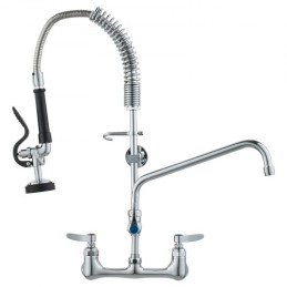 Commercial Faucet with Pre-Rinse Sprayer, 25" Height, 8" Center, 12" Swing Spout, Wall Mount Kitchen Sink Faucet, Brass