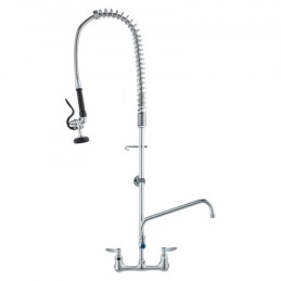 Commercial Faucet with Pre-Rinse Sprayer, 44" Height, 8" Center, 12" Swing Spout, Wall Mount Kitchen Sink Faucet, Brass