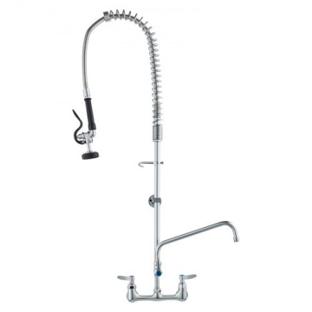 Commercial Faucet with Pre-Rinse Sprayer, 44" Height, 8" Center, 12" Swing Spout, Wall Mount Kitchen Sink Faucet, Brass