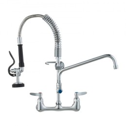 Commercial Faucet with Pre-Rinse Sprayer, 21" Height, 8" Center, 12" Swing Spout, Wall Mount Kitchen Sink Faucet, Brass