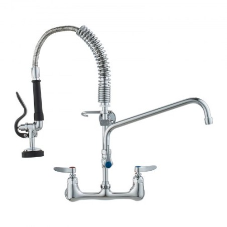 Commercial Faucet with Pre-Rinse Sprayer, 21" Height, 8" Center, 12" Swing Spout, Wall Mount Kitchen Sink Faucet, Brass