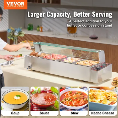 4-Pan Commercial Food Warmer, 4 x 8QT Electric Steam Table with Glass Cover, 1500W Countertop Stainless Steel Buffet Bain Marie 
