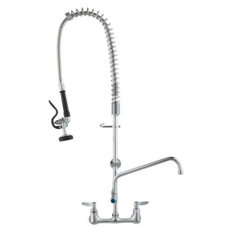 Commercial Faucet with Pre-Rinse Sprayer, 36" Height, 8" Center, 12" Swing Spout, Wall Mount Kitchen Sink Faucet, Brass