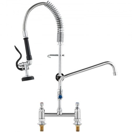 Commercial Faucet with Pre-Rinse Sprayer, 26" Height, 8" Center, 12" Swing Spout, Deck Mount Kitchen Sink Faucet, Brass