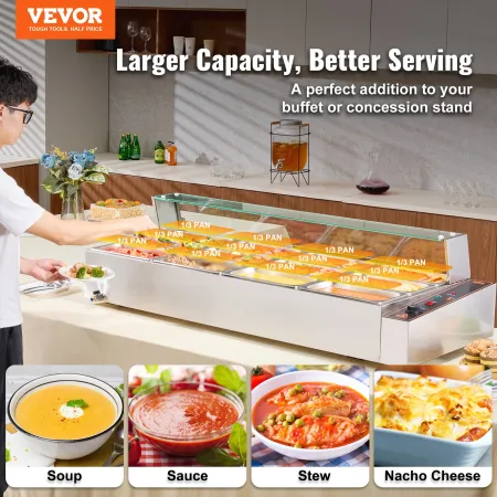 Commercial Electric Food Warmer Countertop Buffet 12*5Qt with Glass Shield