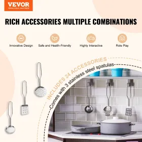 Kitchen Playset Kids Pretend Cooking Play Toy 24 Piece Accessories Brown